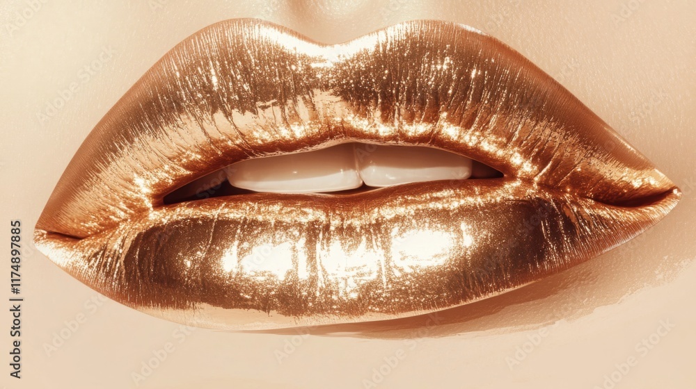 Close up of gold metallic lipstick on lips Close up of gold metallic lipstick on lips