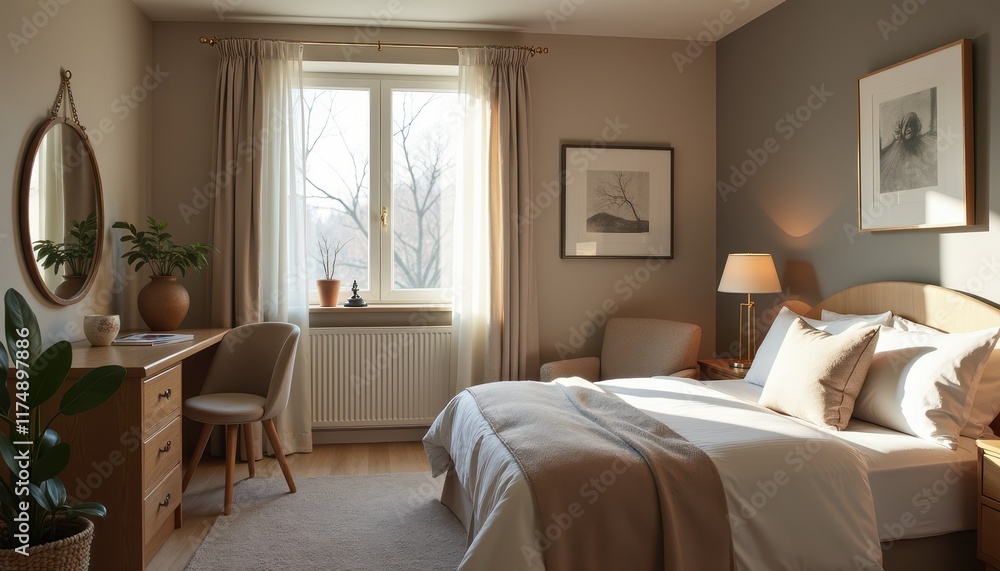 Fototapeta premium A cozy studio room with muted tones and soft light offers a relaxed and inviting space.