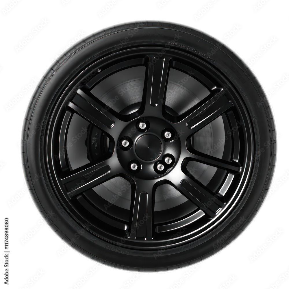 Obraz premium Black alloy wheel with tire, automotive part, studio shot, transportation.