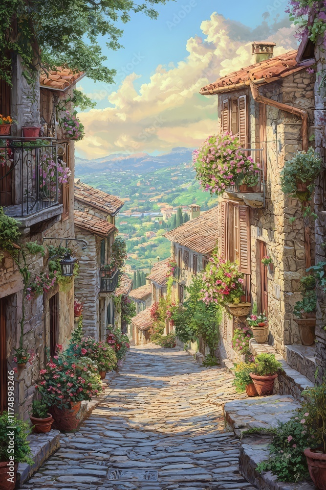 Fototapeta premium Tuscan Hills Village Street Scene 