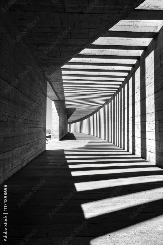 Fototapeta premium Concrete Corridor: A stark yet beautiful image of a concrete corridor with a curved ceiling and long, thin windows, casting long, dramatic shadows on the floor.