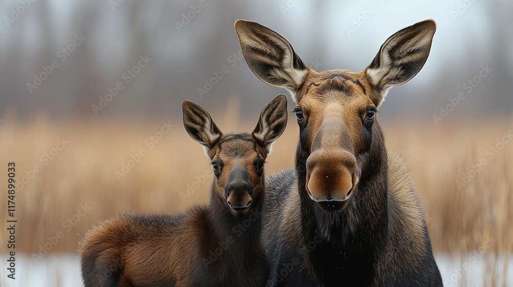 Fototapeta premium A moose and its calf standing in a natural environment.