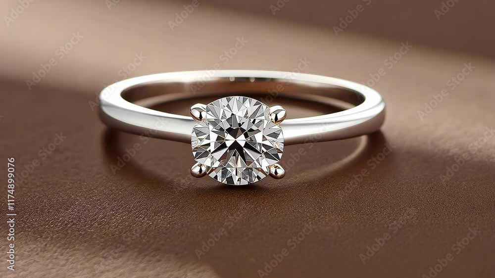 Elegant diamond engagement ring displayed on a smooth surface with soft lighting for a romantic ambiance Elegant diamond engagement ring displayed on a smooth surface with soft lighting for a romantic ambiance