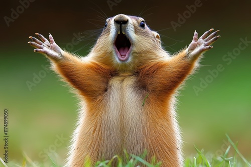 Small brown animal with its mouth open and arms raised in the air. The animal appears to be happy and excited