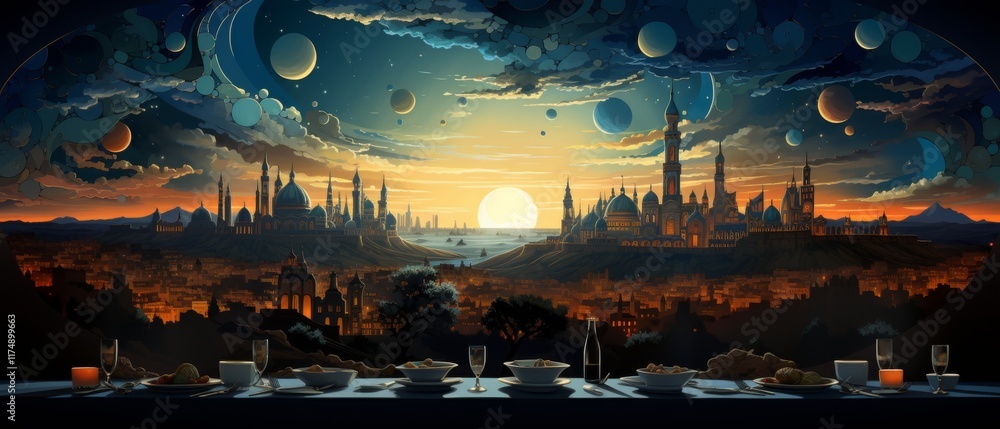 Obraz premium Colorful Illustration of a Festive Passover Celebration with Sunset