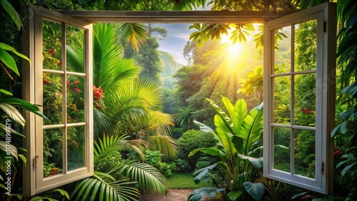 Lush Tropical Paradise: Open Window View - Stock Photo