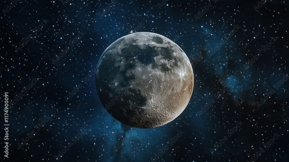 Obraz premium A stunning view of a full moon against a backdrop of twinkling stars in a deep blue galaxy.