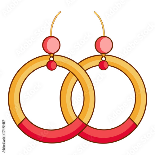 Gold and Red Hoop Earrings with Beads, Flat vector illustration of gold and red hoop earrings featuring bead accents and a two-tone design, perfect for stylish jewelry concepts. 
