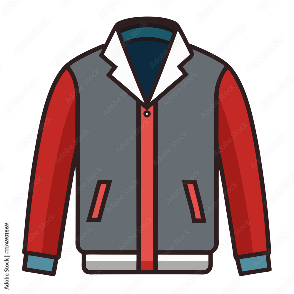 Gray Jacket with Red Sleeves and Lapel, Flat vector illustration of a gray jacket featuring red sleeves, a white lapel, and front pockets, ideal for casual fashion concepts.
Gray Jacket with Red Sleeves and Lapel, Flat vector illustration of a gray jacket featuring red sleeves, a white lapel, and front pockets, ideal for casual fashion concepts.