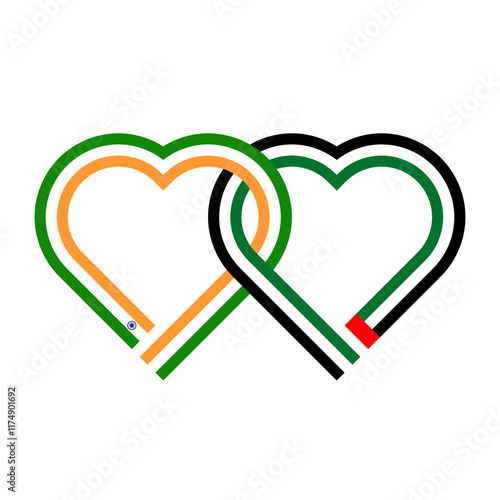 heart shaped ribbon of india and united arab emirates flags intertwined. vector illustration isolated on white background
