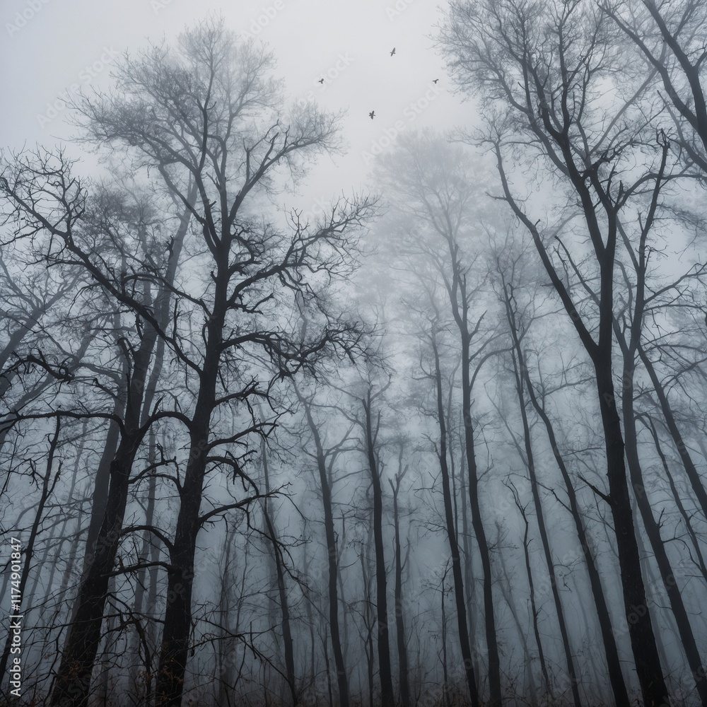A foggy forest morning with birds perched on branches barely visible in the mist. A foggy forest morning with birds perched on branches barely visible in the mist.