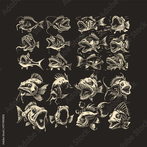 Angler fish engraving design vector template