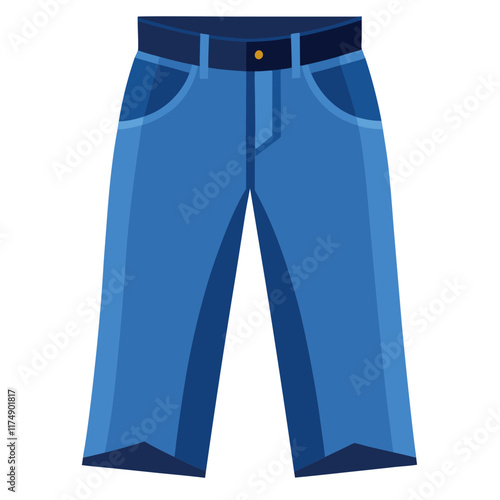 Blue Jeans with Dark Waistband Accent, Flat vector illustration of blue jeans featuring a dark waistband accent and casual style, perfect for clothing or fashion concepts. 
