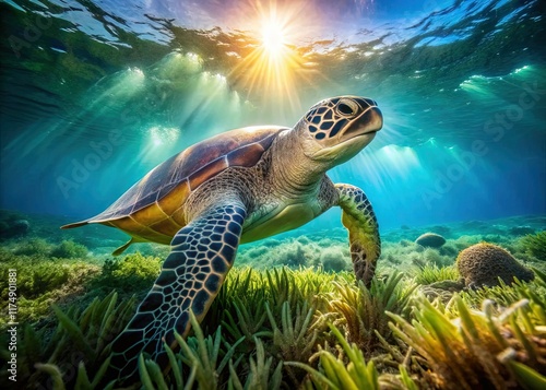 Green Sea Turtle Grazing Seagrass, Mayotte, Tropical Ocean photo