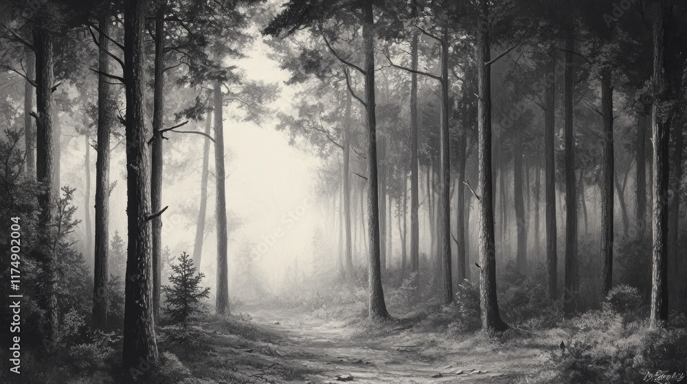 Monochrome forest path scene with fog and tall trees. Monochrome forest path scene with fog and tall trees.