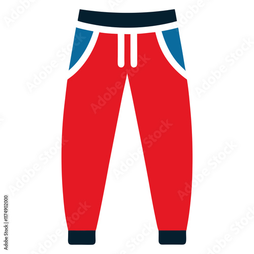 Red Jogger Pants with Blue Pocket Design, Flat vector illustration of red jogger pants featuring blue pockets, a drawstring waist, and a modern, casual style. 
