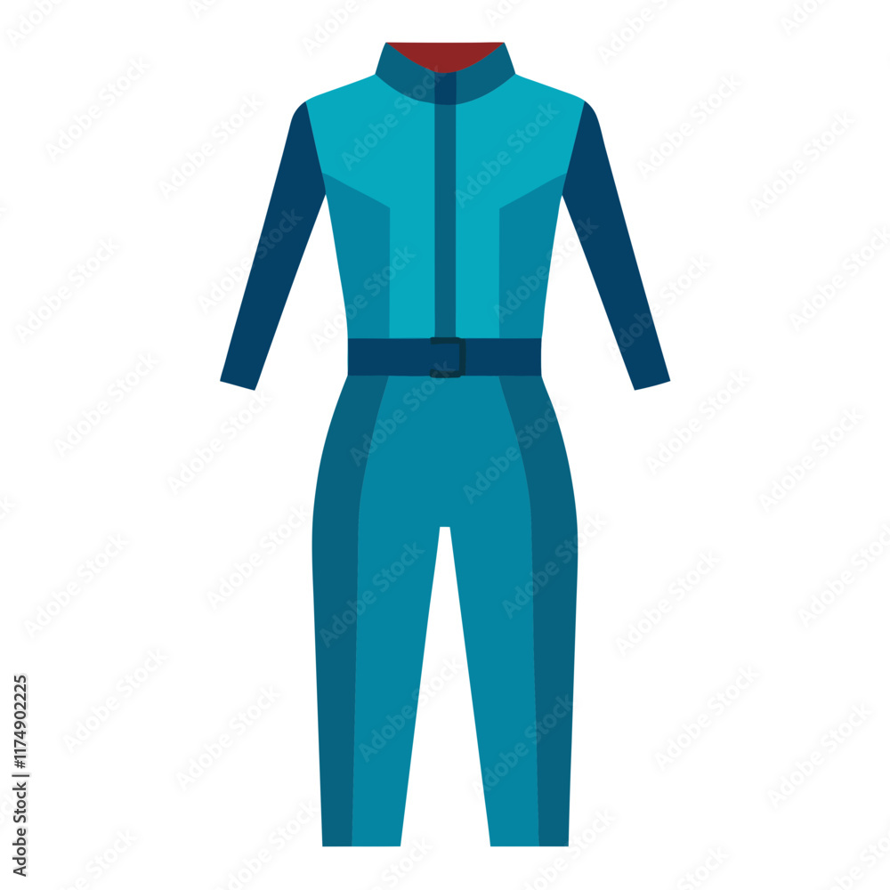 Blue Industrial Workwear Jumpsuit Illustration, Flat vector illustration of a blue industrial workwear jumpsuit with a belt, long sleeves, and a red inner collar detail.
Blue Industrial Workwear Jumpsuit Illustration, Flat vector illustration of a blue industrial workwear jumpsuit with a belt, long sleeves, and a red inner collar detail.