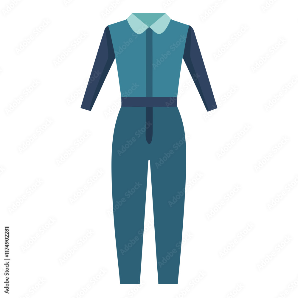 Teal Jumpsuit with Collared Neckline, Vector illustration of a teal jumpsuit featuring a contrasting collared neckline, long sleeves, and a belt, perfect for stylish and modern fashion designs.
Teal Jumpsuit with Collared Neckline, Vector illustration of a teal jumpsuit featuring a contrasting collared neckline, long sleeves, and a belt, perfect for stylish and modern fashion designs.