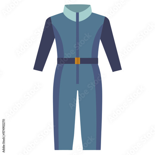 Blue Jumpsuit with Belt and High Collar, Vector illustration of a blue jumpsuit featuring a high collar, contrasting sleeves, and a belt, ideal for modern and functional fashion themes. 
