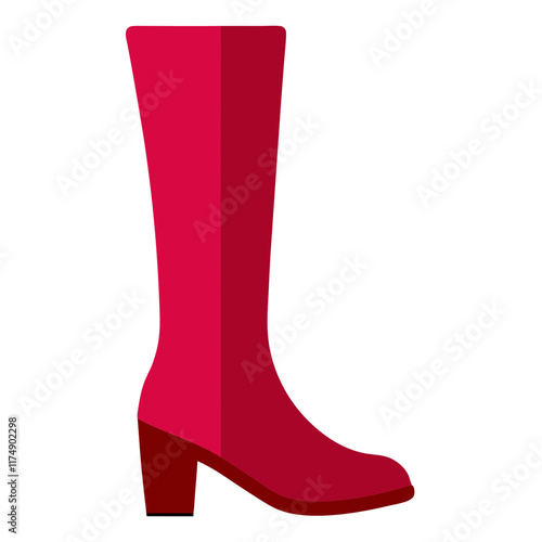 Red Knee-High Boot with Block Heel, Vector illustration of a bold red knee-high boot featuring a sturdy block heel, perfect for stylish and modern footwear designs. 
