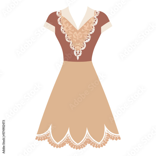 Beige and Brown Dress with Lace Details, Vector illustration of a beige and brown dress featuring intricate lace accents on the bodice and scalloped hemline, perfect for vintage-inspired fashion. 
