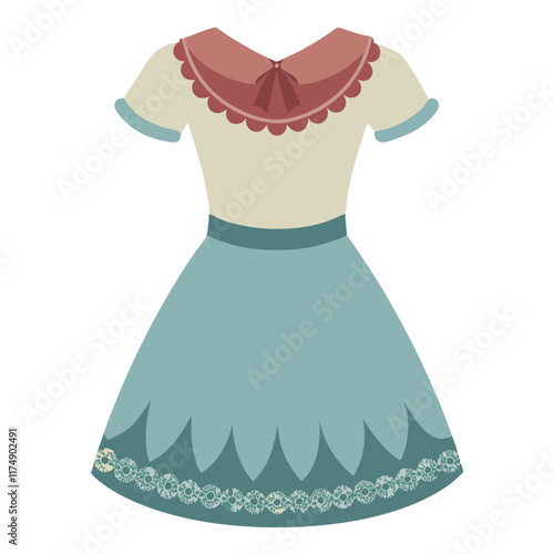 Vintage Lace Dress with Scalloped Collar, Vector illustration of a vintage-style lace dress featuring a teal skirt, scalloped collar, and intricate hemline details, ideal for elegant fashion designs. 