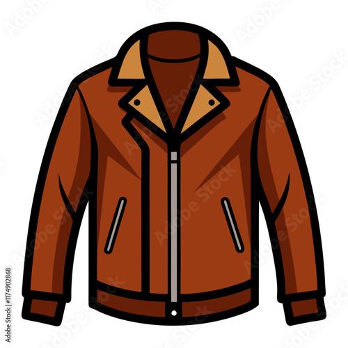 Brown Leather Jacket with Silver Accents, Vector illustration of a brown leather jacket featuring silver sleeve accents, an orange inner lining, and a bold lapel design, ideal for edgy fashion. 
