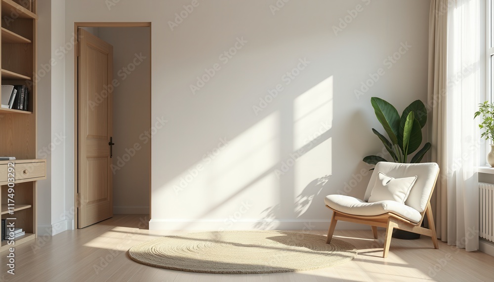 Fototapeta premium A contemporary light-toned studio room with natural light offers a soft and airy setting.