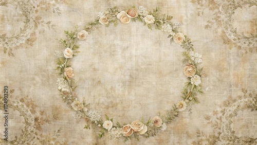 Elegant Floral Wreath on Antique Textured Background Perfect for Wedding Invitations, Romantic Announcements, or Vintage-Inspired Designs