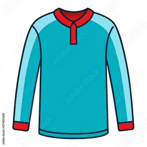 Light Blue Long-Sleeve Shirt with Red Accents, Stylized vector illustration of a light blue long-sleeve shirt featuring red cuffs, collar, and placket, ideal for casual fashion themes. 
