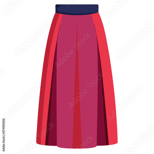 Red and Pink Pleated Skirt Design, Vector illustration of a stylish pleated skirt in red and pink tones with a dark waistband, perfect for fashion concepts. 
