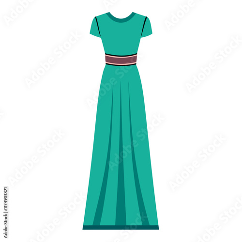Elegant Teal Gown with Short Sleeves, Vector illustration of a long teal gown featuring short sleeves and a striped waistband, perfect for formal and fashion concepts. 
