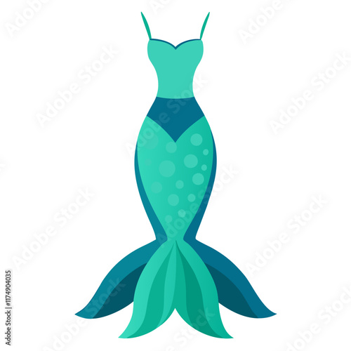 Mermaid-Inspired Dress with Spaghetti Straps, Vector illustration of a mermaid-inspired dress featuring a teal bodice, fishtail skirt, spaghetti straps, and decorative scale-like patterns for a unique