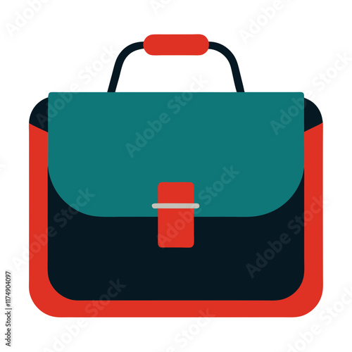 Teal and Red Satchel Bag with Handle, Vector illustration of a teal and red satchel bag featuring a clasp closure, sturdy handle, and modern color-block design, ideal for fashionable use.  
