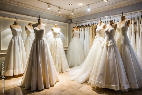 Luxurious White Wedding Dresses in Minimalist Setting: Elegant Bridal Salon Concept photo