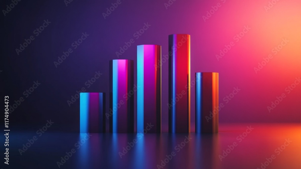 A D bar chart with rising, metallic bars in gradient shades, symbolizing growth and performance in a sleek, futuristic environment A D bar chart with rising, metallic bars in gradient shades, symbolizing growth and performance in a sleek, futuristic environment