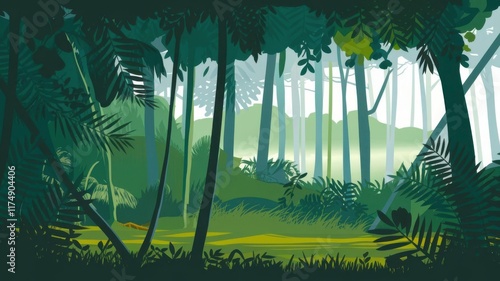 Lush tropical forest illustration with towering trees, dense foliage, and dappled sunlight on the ground