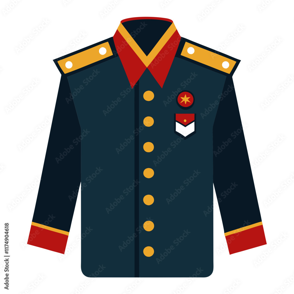 Military Officer Jacket with Gold Epaulettes, Vector illustration of a navy military officer jacket featuring gold buttons, red accents, gold epaulettes, and decorative badges for a formal look. 
