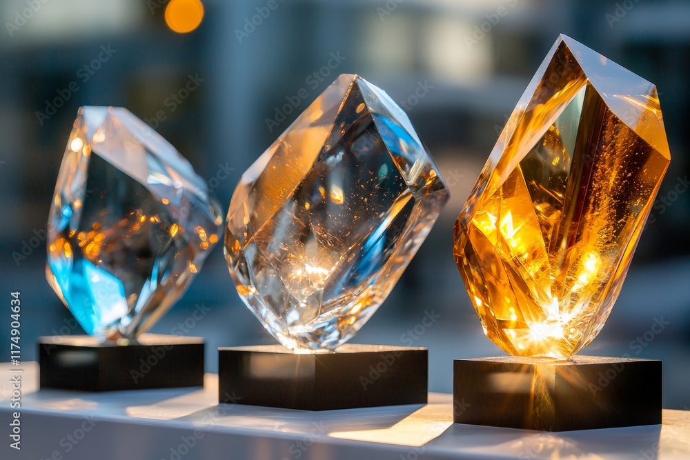 Sparkling Gemstones Three Illuminated Crystal Sculptures on Display