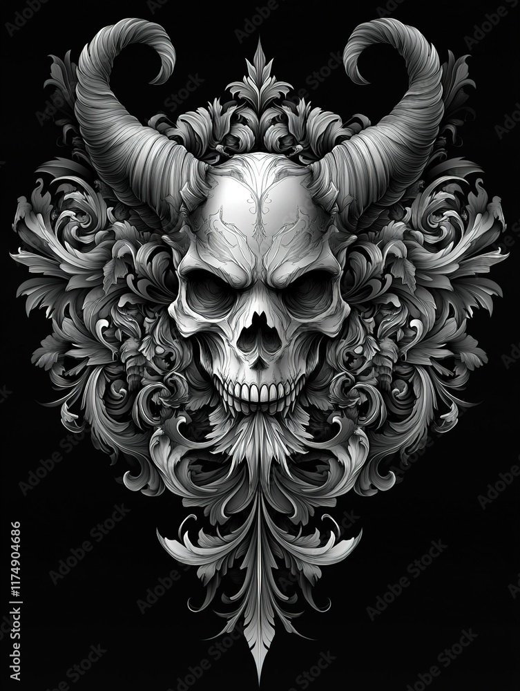 Fototapeta premium Horned skull with ornate floral filigree on black background for apparel design.
