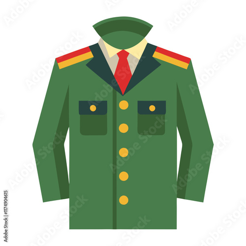 Green Military Jacket with Red Epaulettes, Vector illustration of a green military jacket featuring red and yellow epaulettes, gold buttons, black pockets, and a formal red tie. 
