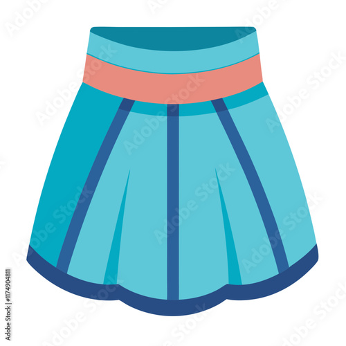 Blue Skirt with Peach and Navy Accents, Vector illustration of a blue skirt featuring peach waistband and navy accents, designed with a modern and vibrant aesthetic. 
