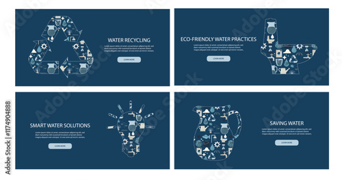 Set of horizontal banner with eco water conservation icons in abstract modern geometric flat style. Environmental solutions. Save water. Template for web, card or advertising. Vector illustration