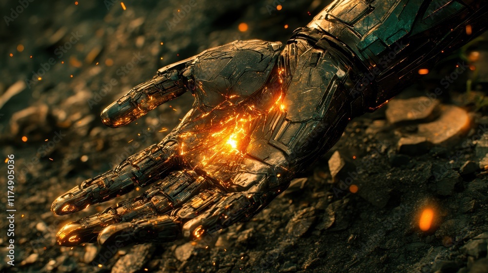 A robotic hand emits a fiery glow. Ideal for illustrating technological power, destruction, or a machine's sentience. Perfect for sci-fi or fantasy projects. A robotic hand emits a fiery glow. Ideal for illustrating technological power, destruction, or a machine's sentience. Perfect for sci-fi or fantasy projects.