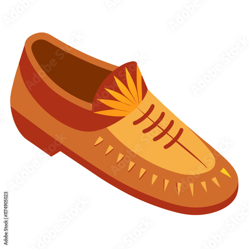 Tan Loafer Shoe with Decorative Stitching, Vector illustration of a tan loafer featuring intricate decorative stitching, red accents, and fringe details, blending style with unique craftsmanship.  
