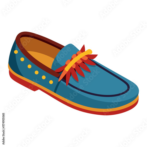 Blue Loafer Shoe with Fringe and Dotted Design, Vector illustration of a vibrant blue loafer featuring red and yellow fringe accents, dotted patterns, and contrasting sole details, stylish and unique.