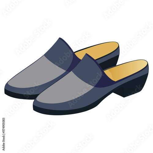 Gray and Navy Mules with Low Heels, Vector illustration of stylish mules in a gray and navy two-tone design, featuring low black heels, perfect for casual or formal outfits.  
