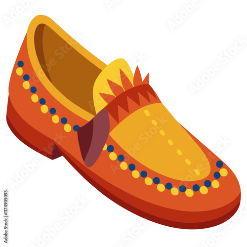 Colorful Loafer Shoe with Decorative Details, Vector illustration of a vibrant loafer shoe in orange and yellow tones, featuring fringe accents, dotted patterns, and a stylish design.  
