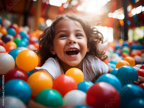 Cheerful kids enjoy playing ball together on a lively and colorful playground during a sunny day