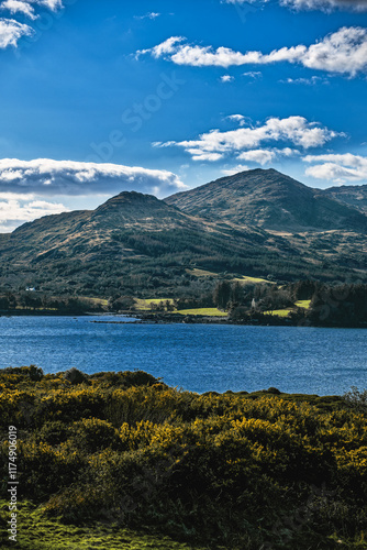 A view of a body of water with a shoreline and mountains in the background.